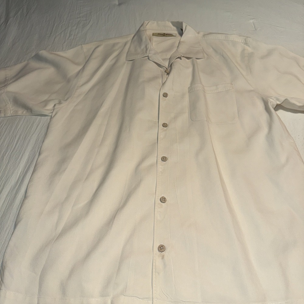 Tommy Bahama Shirt Mens Medium Light Peach Cream Short‎ Sleeve Button Front